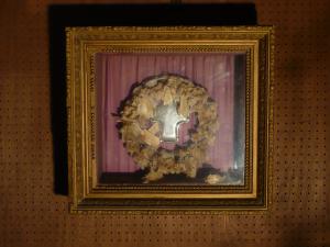 English silver cross & wax flower in frame