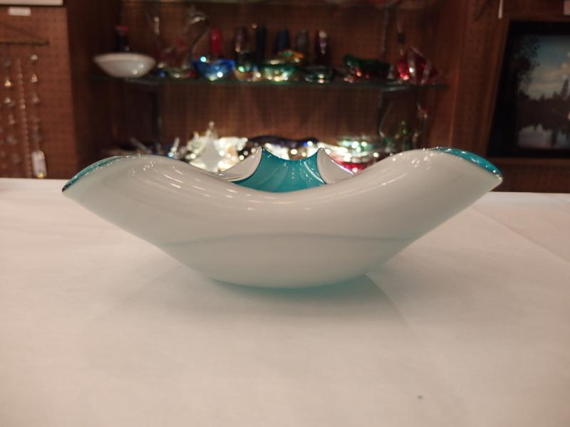 イタリアムラノガラスオブジェ　ヴィンテージアートガラス灰皿　水色×白　USM 1353（4）