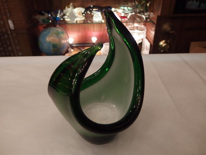 イタリアムラノガラスオブジェ　ヴィンテージアートガラスボウル　緑×白　USM 1373（2）
