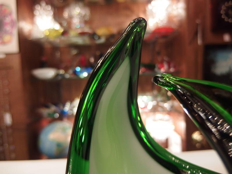 イタリアムラノガラスオブジェ　ヴィンテージアートガラスボウル　緑×白　USM 1373（3）