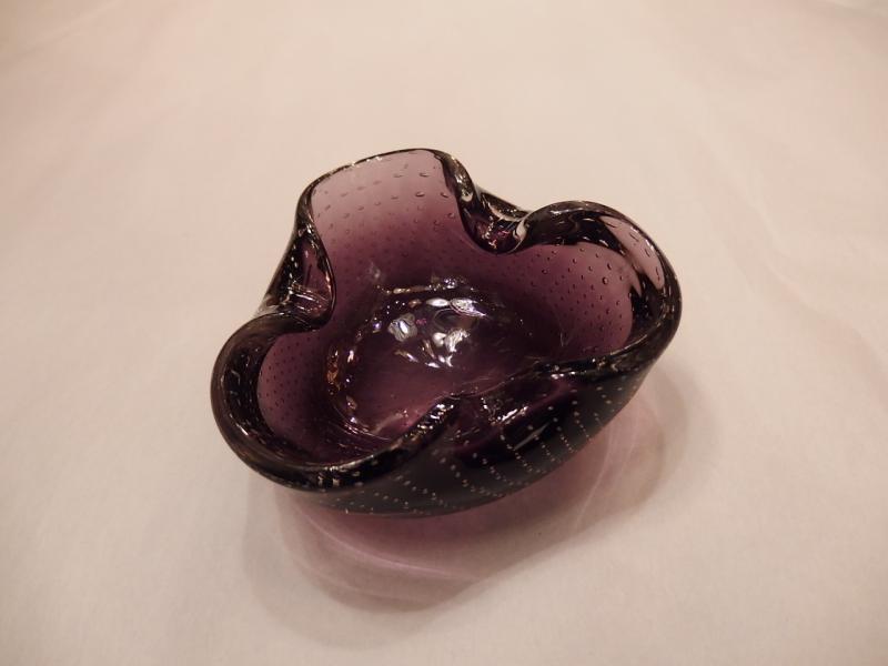 イタリアムラノガラスオブジェ　ヴィンテージアートガラス灰皿　気泡入り　紫　USM 1390（6）