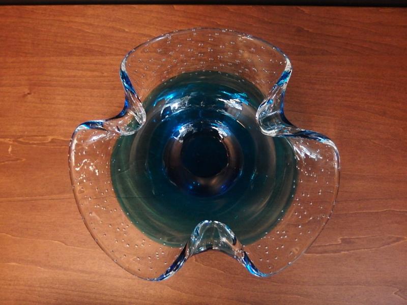 イタリアムラノガラスオブジェ　ヴィンテージアートガラス　気泡入り　クリアー×青　　USM 1466（4）