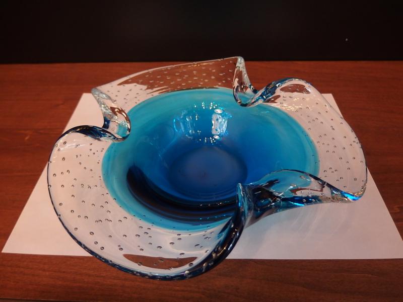 イタリアムラノガラスオブジェ　ヴィンテージアートガラス　気泡入り　クリアー×青　　USM 1466（7）