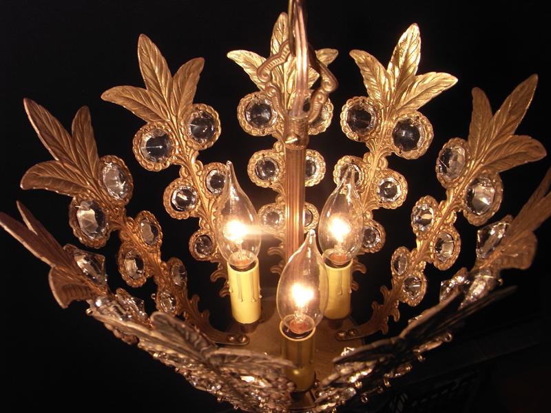 スペイン製真鍮シャンデリア（クリスタルガラスビーズシャンデリア）インテリア照明、リーフシャンデリア、葉っぱシャンデリア　LCH 1053（6）