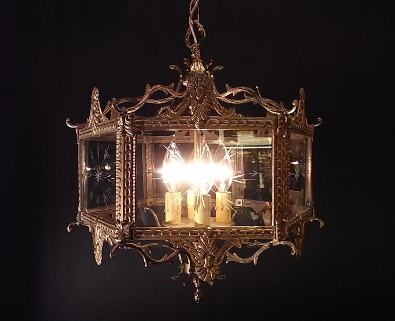 Spanish brass & cut glass lantern lamp 4灯