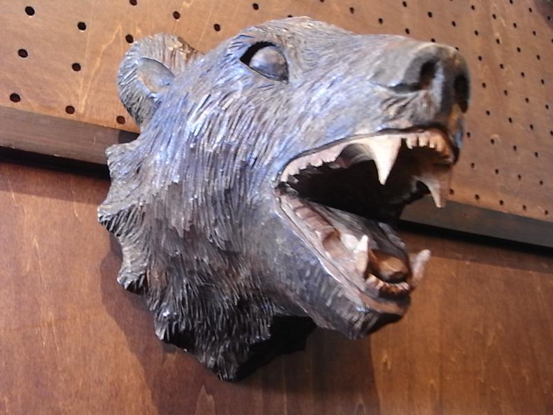 木製クマ壁掛け　木彫り熊オブジェ　熊顔面　BCM 0266（3）