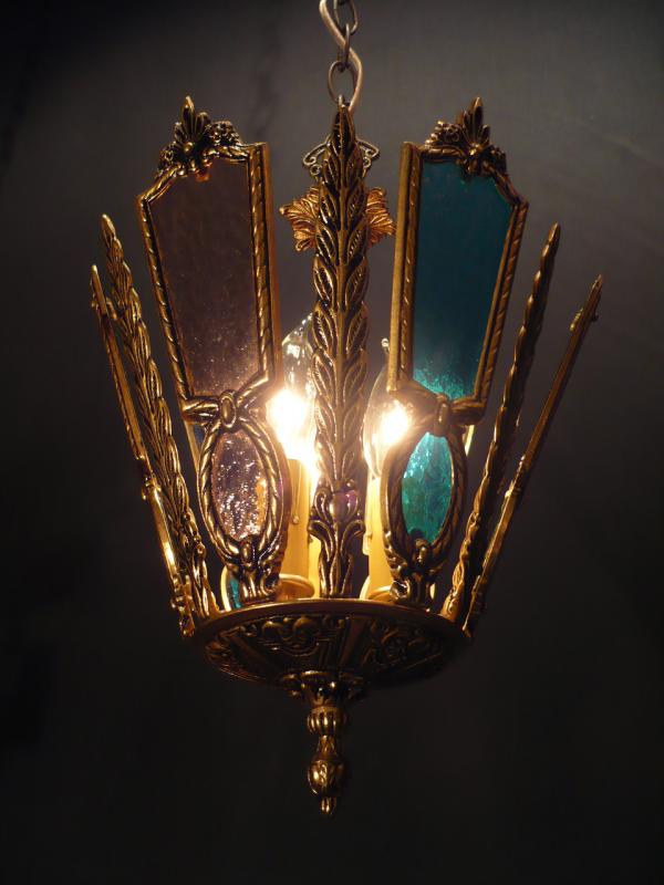 スペイン製小型真鍮ペンダントライト（羽＋色ガラスペンダント照明）玄関照明　LCH 0677（2）