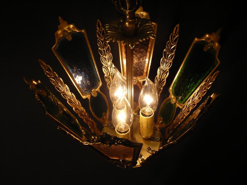 スペイン製小型真鍮ペンダントライト（羽＋色ガラスペンダント照明）玄関照明　LCH 0677（3）
