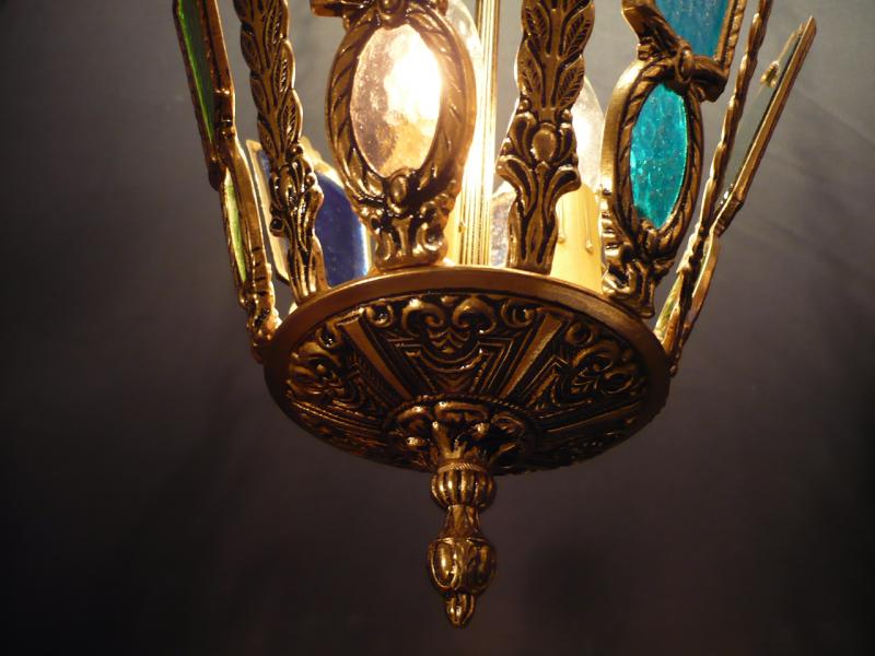 スペイン製小型真鍮ペンダントライト（羽＋色ガラスペンダント照明）玄関照明　LCH 0677（4）