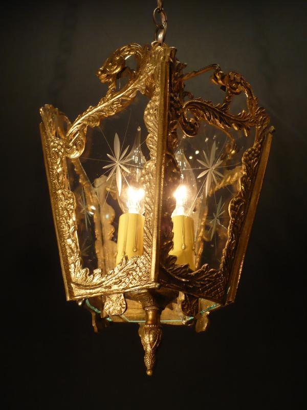 スペイン製小型真鍮ペンダントライト（切り子（カット）ガラスペンダント照明）ランタン玄関照明　LCH 0688（2）