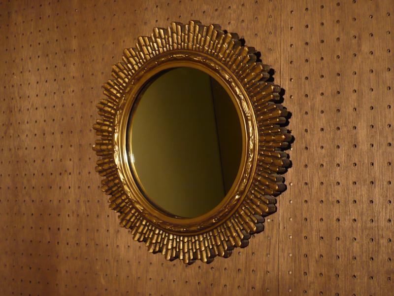 イタリア製木壁掛けミラー サンバースト、円形インテリア鏡、ウッド 