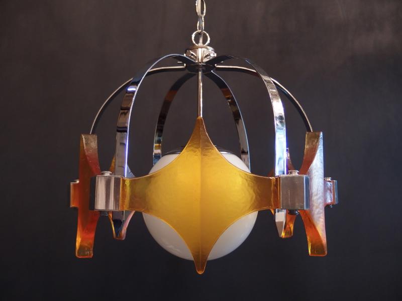ペンダントライト アンティーク・ヴィンテージ USH 1062 Orange acrylic & chrome brutalist pendant 1灯(2)
