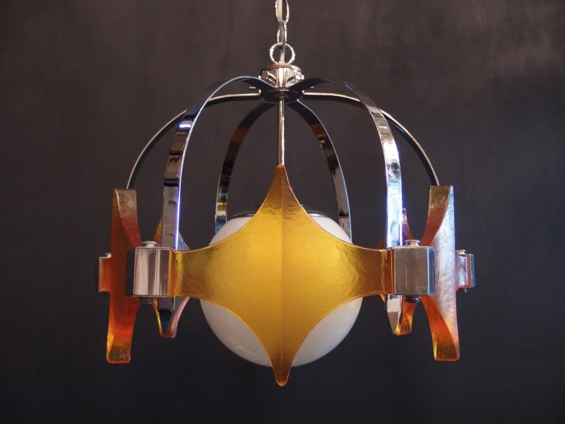 ペンダントライト　アンティーク・ヴィンテージ　USH 1062　Orange acrylic & chrome brutalist pendant 1灯（2）