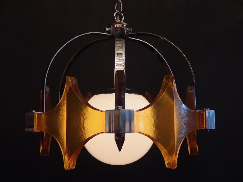 ペンダントライト　アンティーク・ヴィンテージ　USH 1062　Orange acrylic & chrome brutalist pendant 1灯（4）