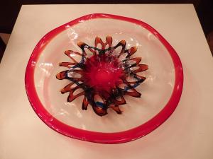 Murano Red & Amber & blue large saucer art glass