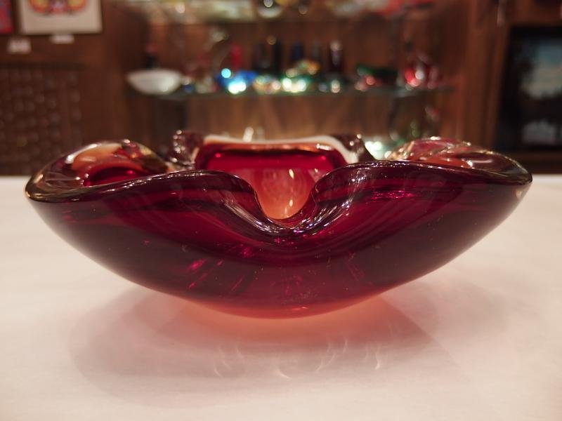 イタリアムラノガラスオブジェ　ヴィンテージ　アートガラス  赤×アンバー　灰皿　USM 1317（2）
