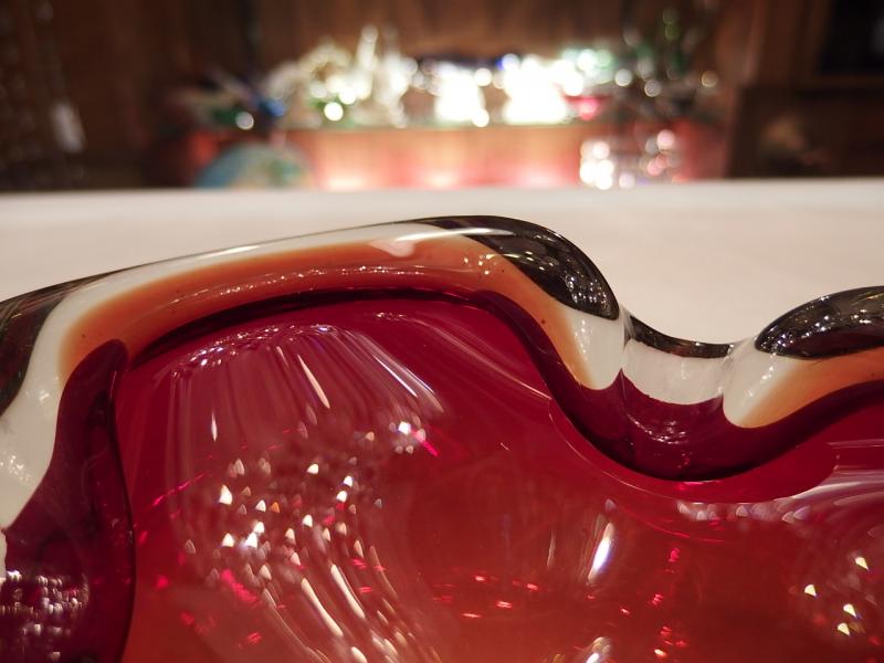 イタリアムラノガラスオブジェ　ヴィンテージ　アートガラス  赤×アンバー　灰皿　USM 1317（5）