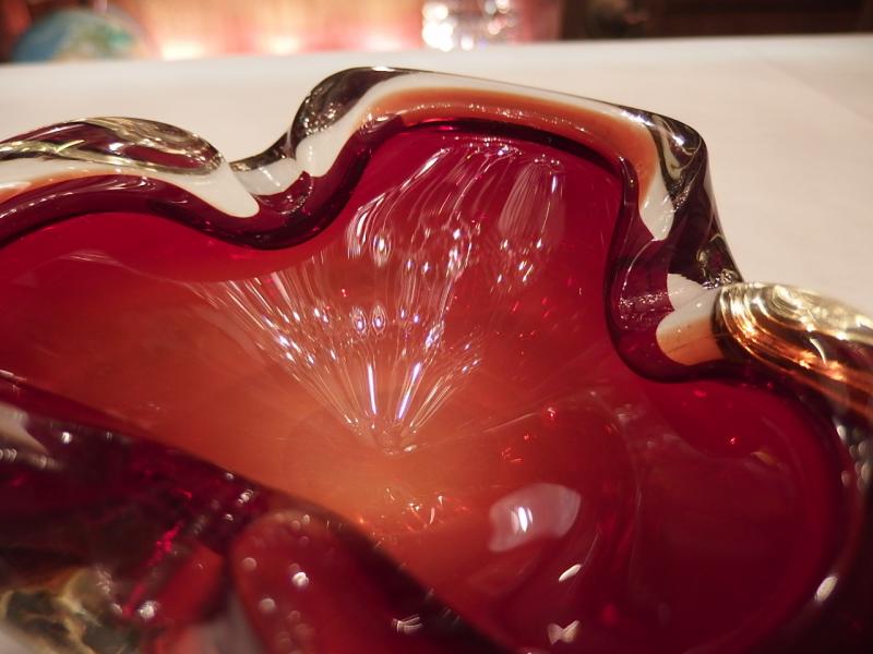 イタリアムラノガラスオブジェ　ヴィンテージ　アートガラス  赤×アンバー　灰皿　USM 1317（6）