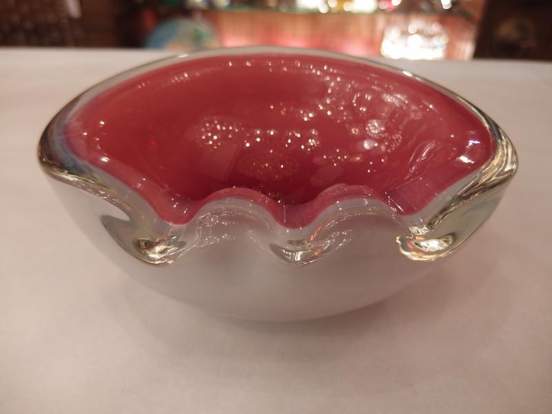 イタリアムラノガラスオブジェ　ヴィンテージ　アートガラス  ピンク×オパールセン　灰皿　USM 1319（2）