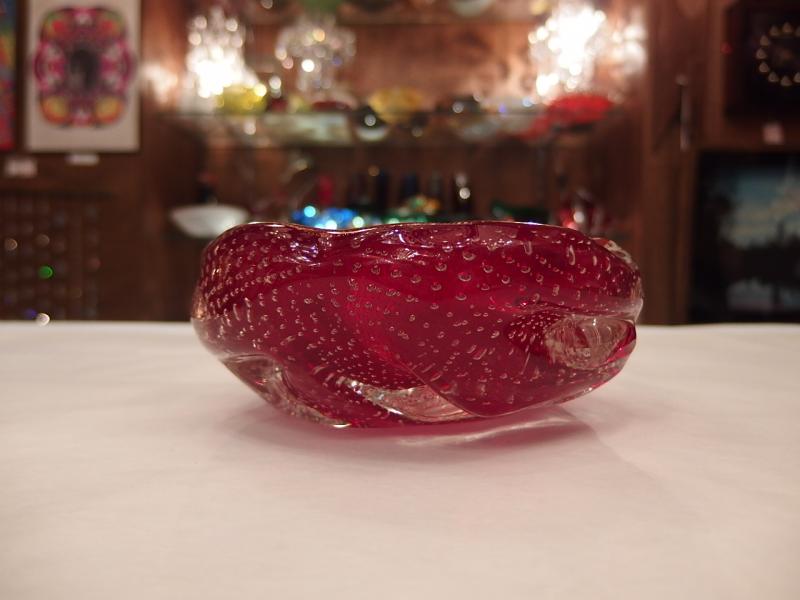 イタリアムラノガラスオブジェ　ヴィンテージアートガラス　気泡入り　赤×金　USM 1332（2）