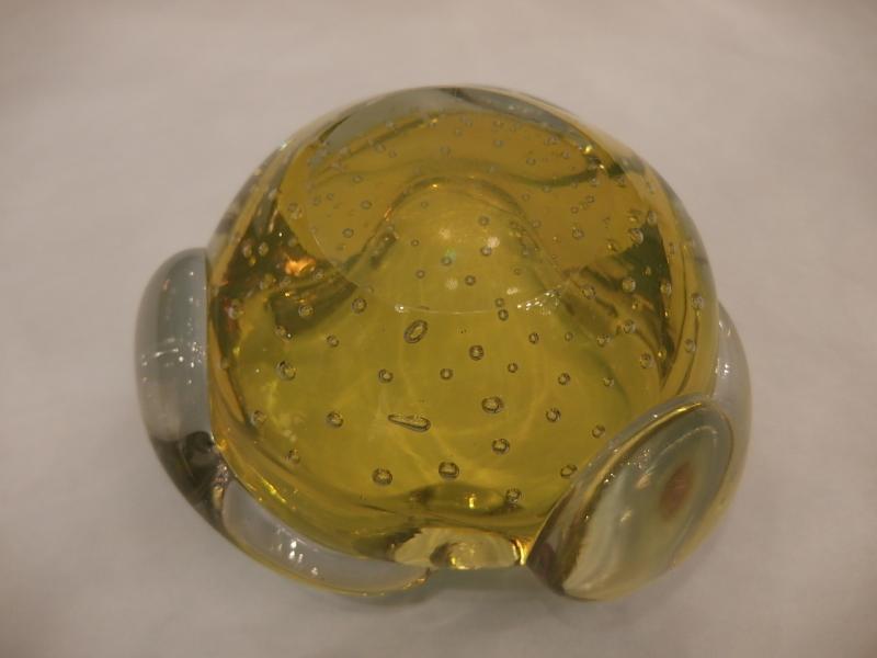 イタリアムラノガラスオブジェ　ヴィンテージアートガラス灰皿　気泡入り　クリアー×黄色　　USM 1334（6）