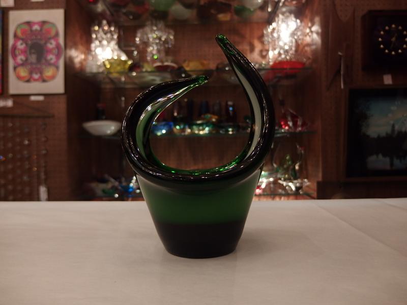 イタリアムラノガラスオブジェ　ヴィンテージアートガラスボウル　緑×白　USM 1373（5）