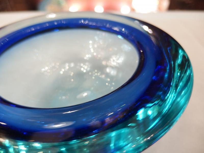 イタリアムラノガラスオブジェ　ヴィンテージアートガラスボウル　青×青緑　USM 1384（5）