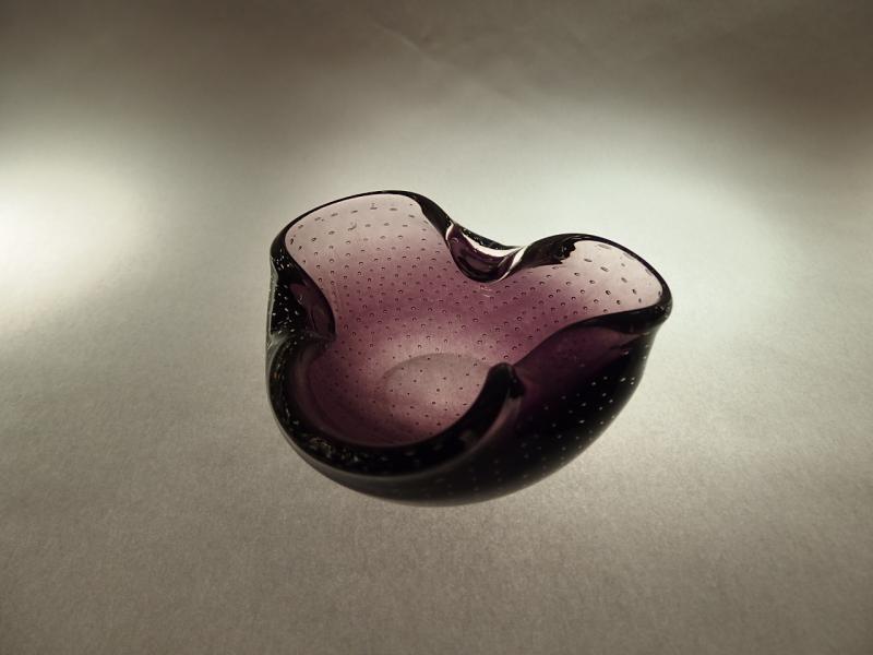 イタリアムラノガラスオブジェ　ヴィンテージアートガラス灰皿　気泡入り　紫　USM 1390（1）