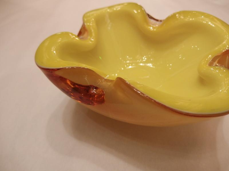 イタリアムラノガラスオブジェ　ヴィンテージアートガラス灰皿　黄×アンバー　USM 1396（2）