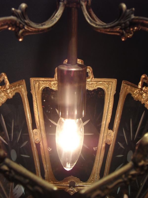 スペイン製小型真鍮ペンダントライト（切り子（カット）ガラスランタンペンダント照明）玄関照明　LCH 0975（3）