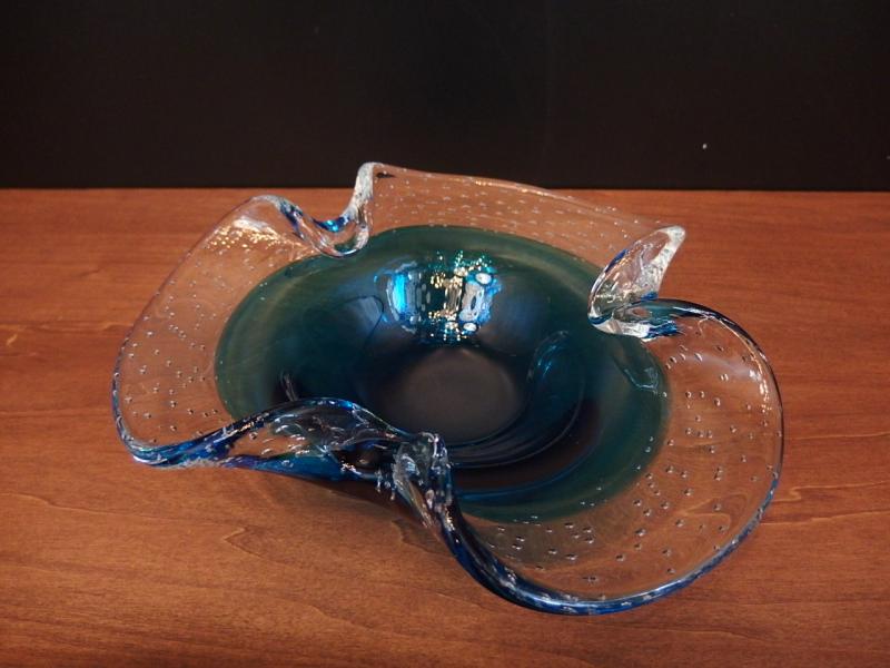 イタリアムラノガラスオブジェ　ヴィンテージアートガラス　気泡入り　クリアー×青　　USM 1466（1）