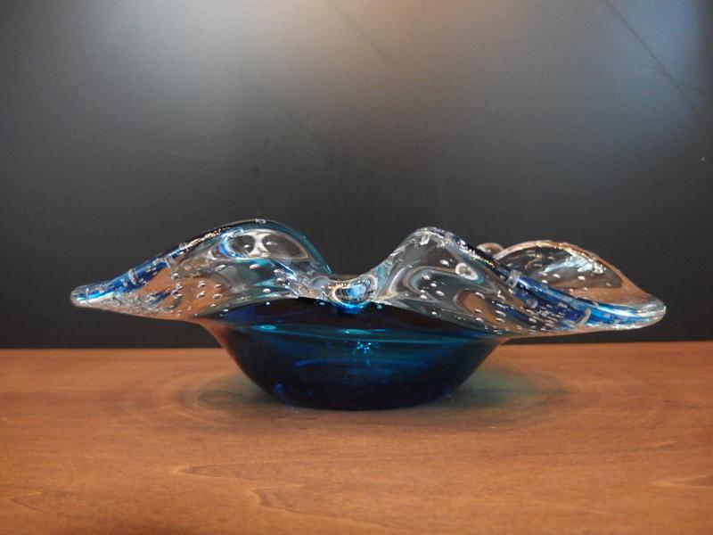イタリアムラノガラスオブジェ　ヴィンテージアートガラス　気泡入り　クリアー×青　　USM 1466（2）