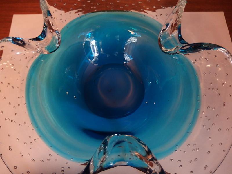 イタリアムラノガラスオブジェ　ヴィンテージアートガラス　気泡入り　クリアー×青　　USM 1466（6）