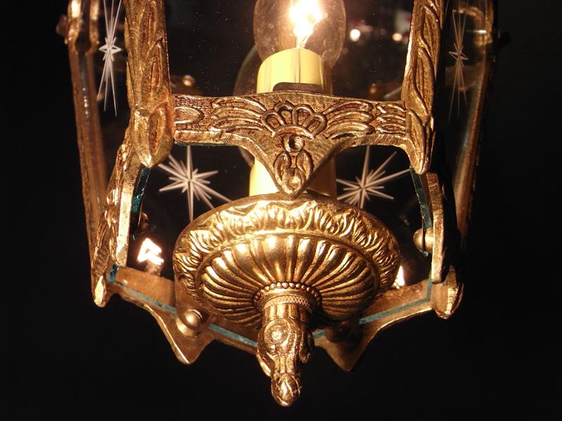 スペイン製小型真鍮ペンダントライト、切り子（カット）プリントガラスランタンペンダント照明）玄関照明　LCH 1035（6）