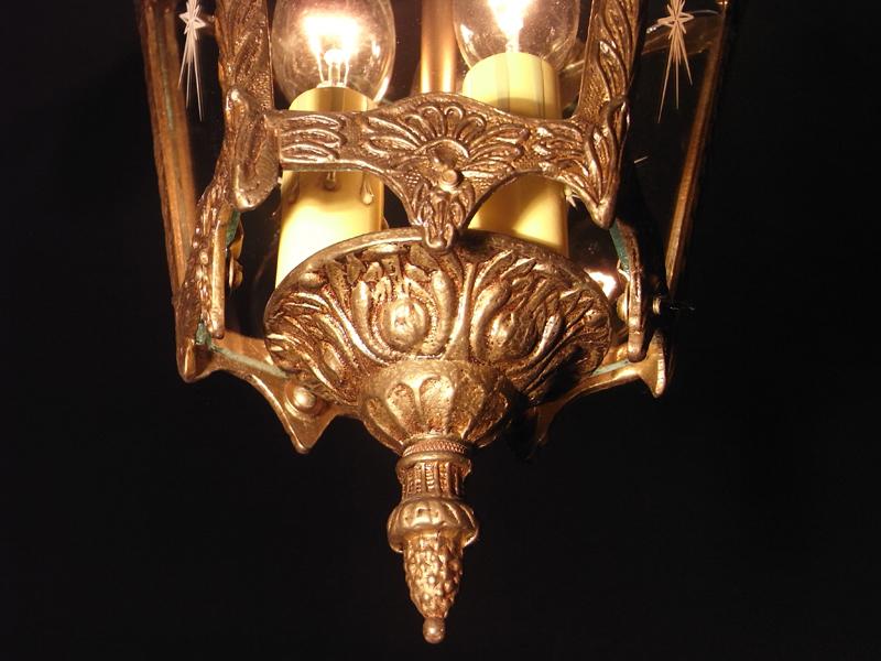 スペイン製小型真鍮ペンダントライト、切り子（カット）プリントガラスランタンペンダント照明）玄関照明　LCH 1037（6）