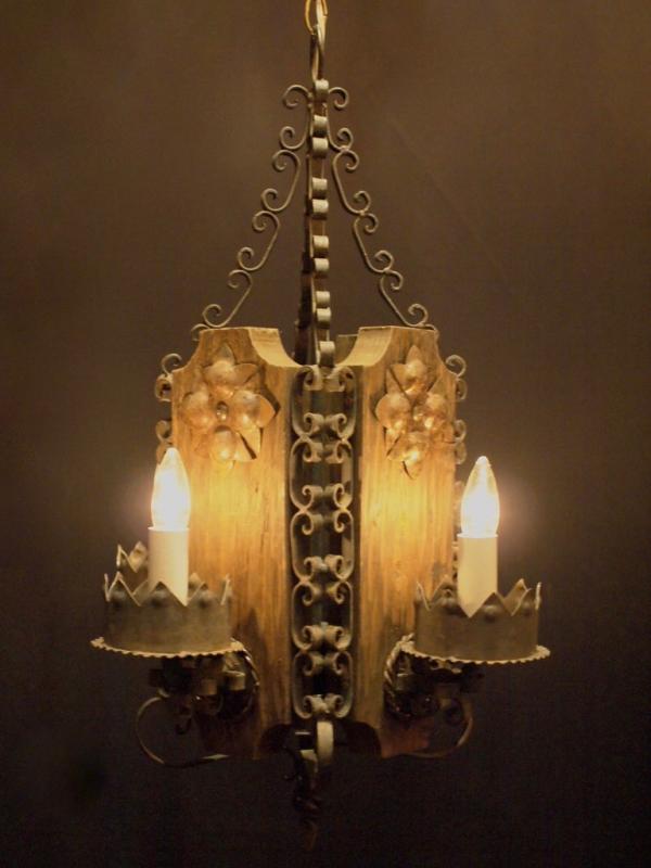 wood & black iron scroll chandelier 4灯