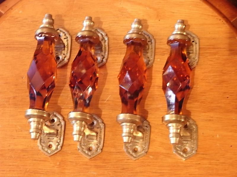 English amber glass & brass door handle