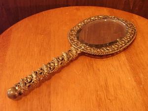 French brass oval beveled hand mirror