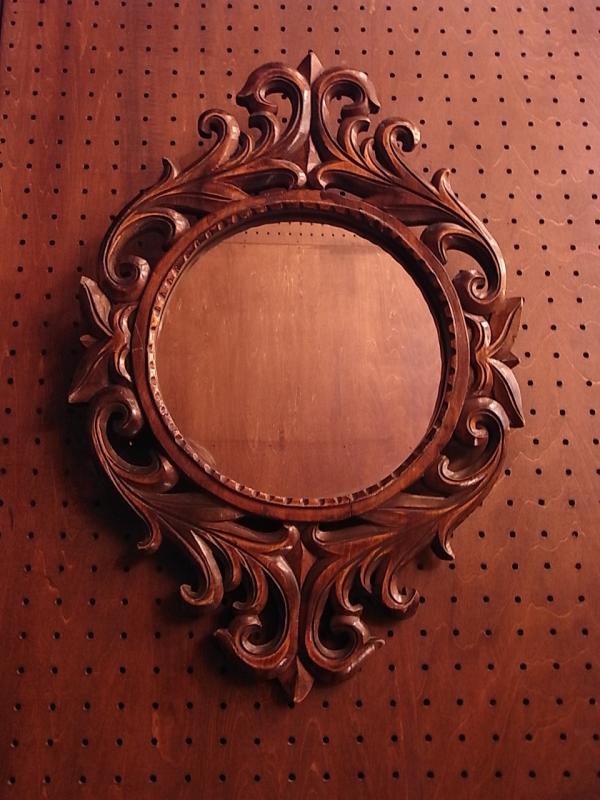 木製インテリア壁掛け鏡、アンティークラウンドミラー、ウォールミラー 