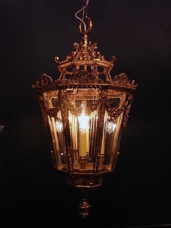 Italian brass & cut glass lantern lamp 4灯