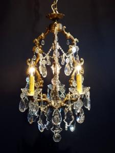 French brass cage & crystal chandelier 3灯