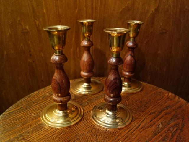 Italian wood & brass candle holder 2P SET