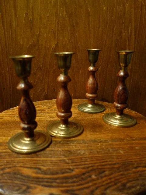 Italian wood & brass candle holder 2P SET