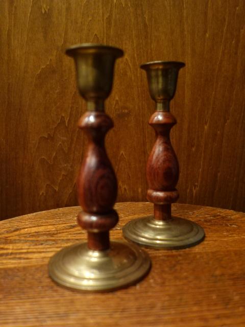 Italian wood & brass candle holder 2P SET