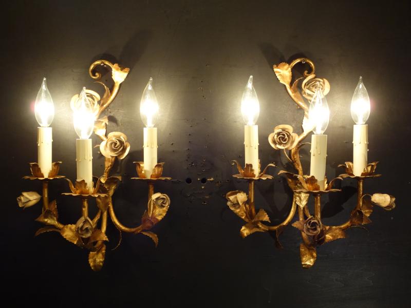 Italian gold leaf & rose wall lamp 3灯  PAIR