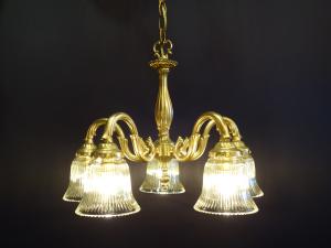 Italian brass & glass shade chandelier 5灯